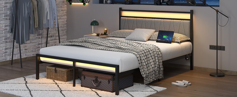 Bed Frame With Charging Station, Metal Platform Bed Frame With Fabric Upholstered Headboard, No Box Spring Needed, Large Under Bed Storage, Non-Slip_voghion.com