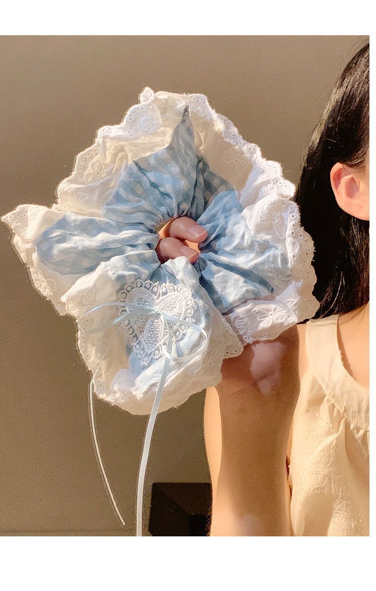 Sciarpa quadrata in pizzo con fiocco a scacchi blu a bolle di sale marino, fascia per intestino crasso, fascia oversize da donna in stile coreano_voghion.com