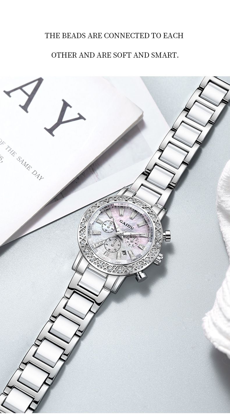 Elegant Women's Watch With Diamond Accents, Date Display, Waterproof, Luminous, Mother-of-Pearl Dial, Stainless Steel Band_voghion.com