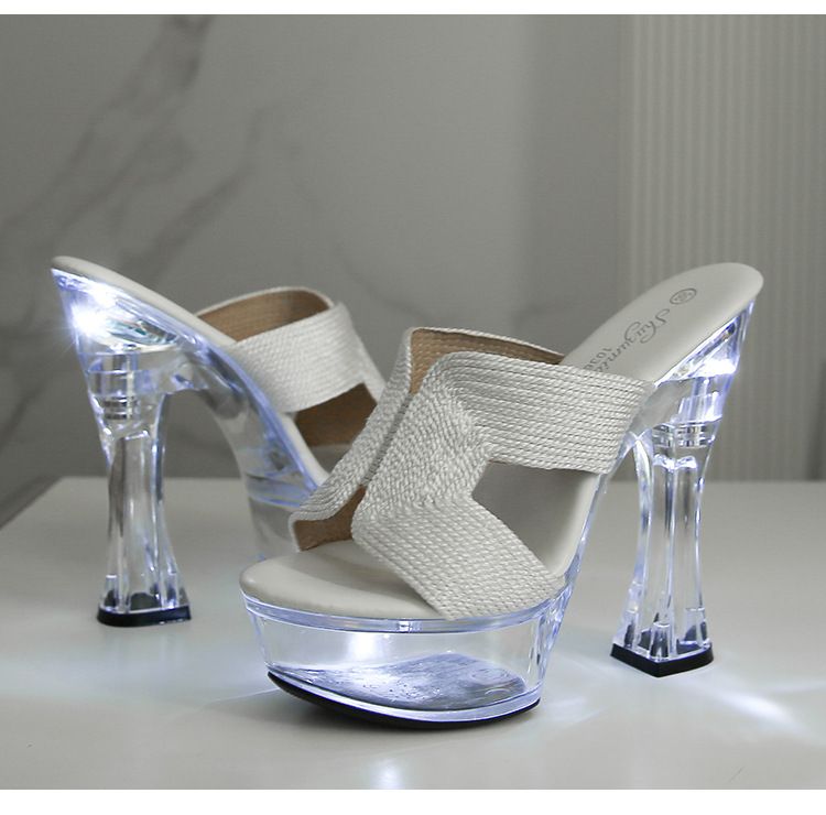 Ciabatte estive da donna con tacco spesso, trasparenti e in cristallo, alte 14 cm, antiscivolo, con fondo spesso, sexy e luminose._voghion.com