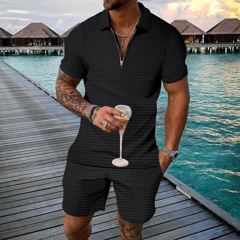 Unbeatable Quality 2025 Men's Short Sleeved Shorts Summer Small Square Casual Loose Half Zip Collar Set For Men_voghion.com