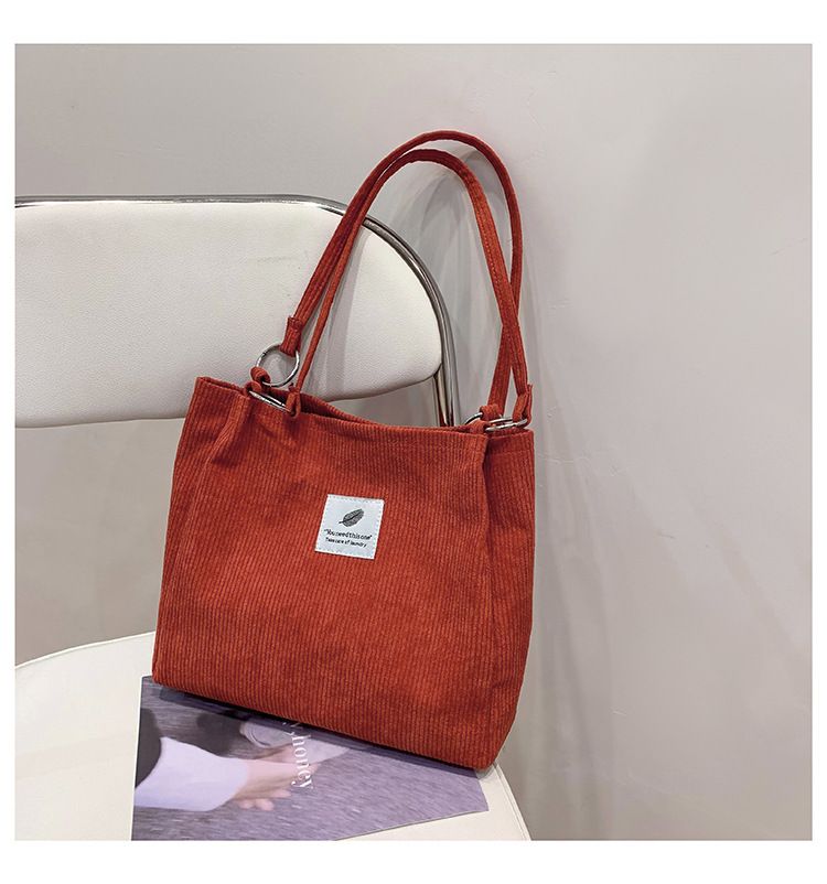 Canvas Bag Women's One-shoulder Korean-style ins Vintage Simple Artistic Corduroy Laid-back Style Large Capacity Portable Shopping Bag_voghion.com