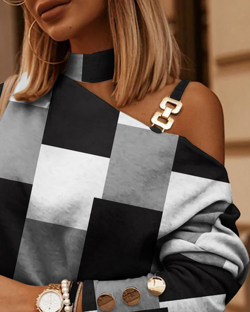 Hot Style Langarm Neckholder Top mit Kette und bedrucktem Knopfdekor für Damen_voghion.com