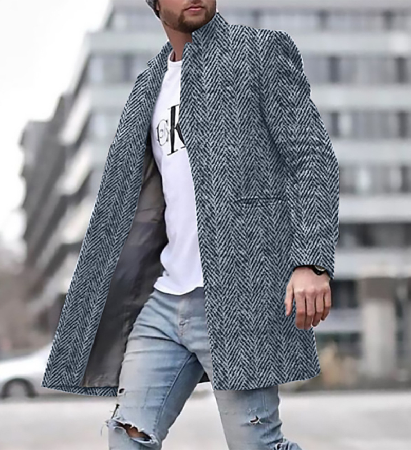 Spring New Men's Youth Woolen Standing Collar, Medium Length Pocket Casual Men's Coat_voghion.com