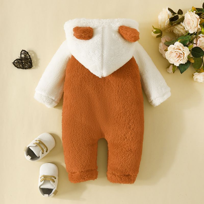 Fur Hooded Long Sleeved Long Legged Romper Baby Color Matching Plush Zipper Love Romper_voghion.com