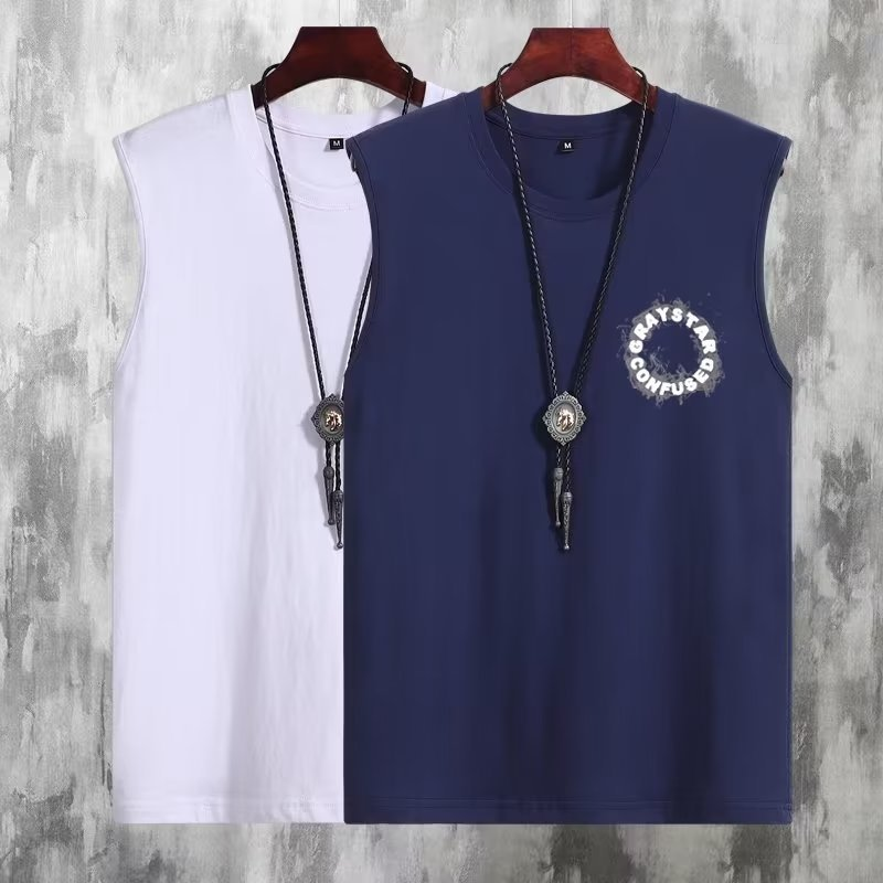 Men's Pure cotton waistcoat vest men's summer letter print trendy brand handsome sleeveless T-shirt hurdle fitness sports sweatshirt_voghion.com