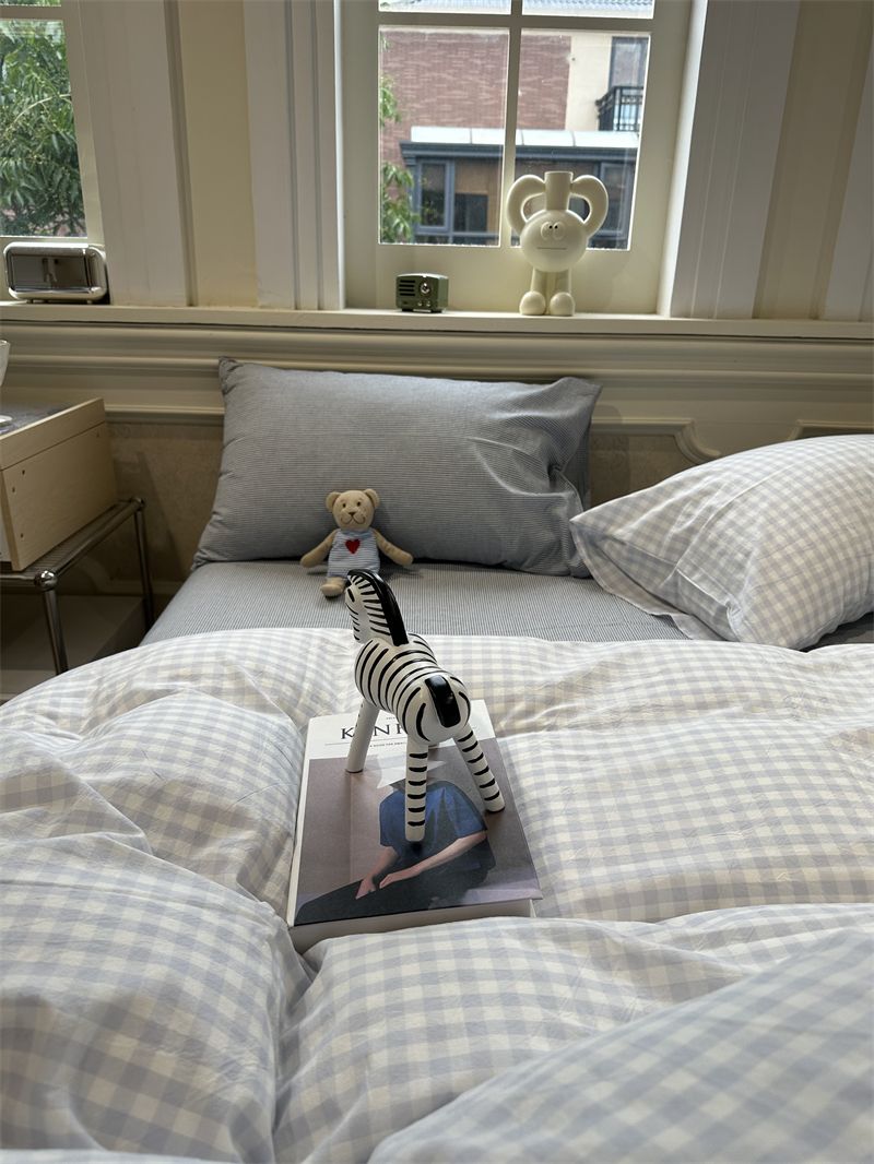 Minimalist Japanese Style Gray Plaid Bedding 100% Cotton 1.5m 1.8m Student Dormitory Duvet Cover Set 1.2m_voghion.com