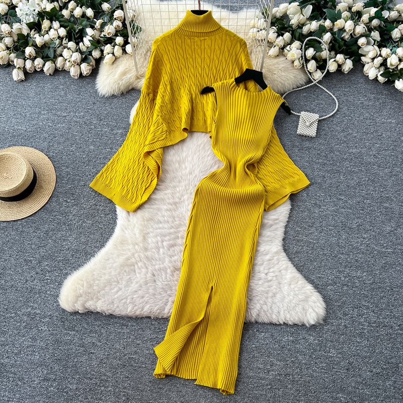 Elegante abito in maglia a trecce con maniche a pipistrello e collo alto da donna, con gilet senza maniche che stringe la vita - Vestibilità morbida e ampia, colori puri_voghion.com