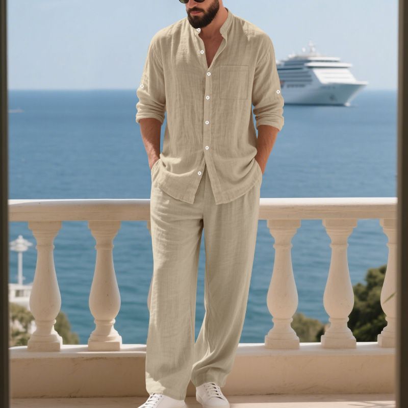 Camicia Henry a maniche lunghe, comoda e traspirante, in lino autunnale, da uomo, per la casa e la spiaggia_voghion.com