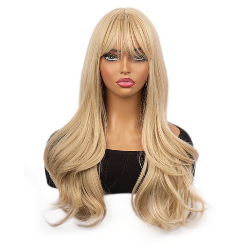 Perruque dégradée pour femme avec frange grosses vagues fibre chimique cheveux longs bouclés coiffure_voghion.com