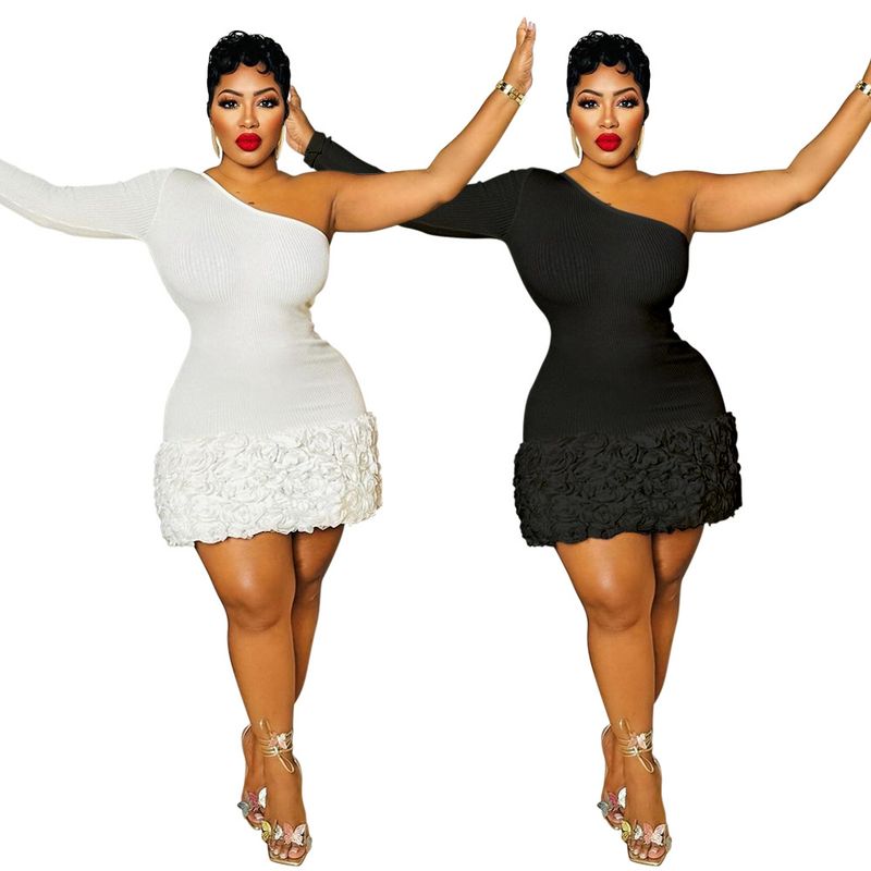 Robe moulante asymétrique à une manche, ornée d'appliqués floraux côtelés - Élégante robe de soirée pour femme_voghion.com