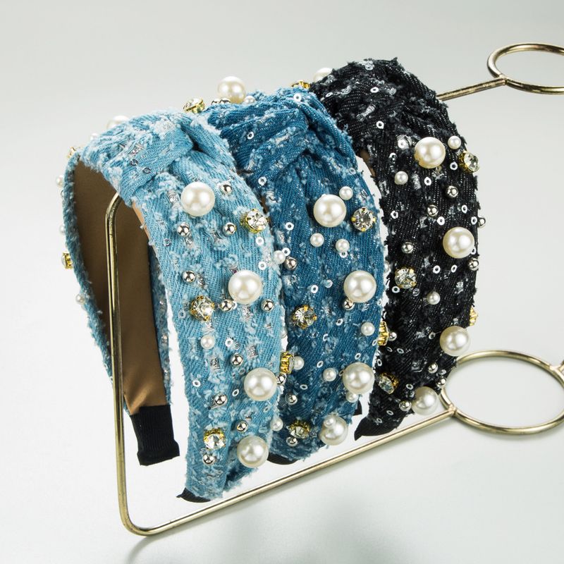 Nuovo denim di alta qualità e alla moda, fascia per capelli con glitter di perle, accessori per capelli da donna_voghion.com