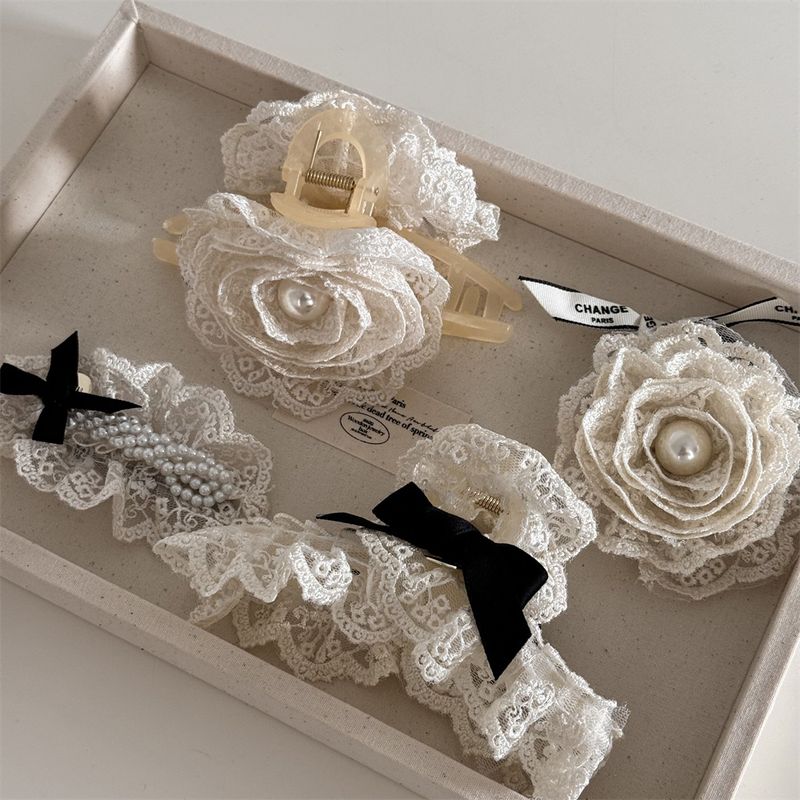 Milchweiße Haarnadel mit Spitze, Blume, Perle und Schleife, reines Verlangen, Temperament, Greifclip, Hai-Clip, Scheibe, Haarkarte, neues Modell_voghion.com