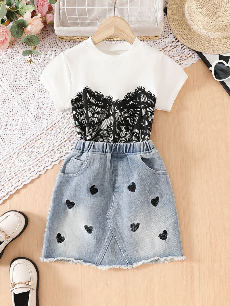 Maglietta con stampa personalizzata per mamma e bambino, top a maniche corte e gonna in denim per bambine_voghion.com