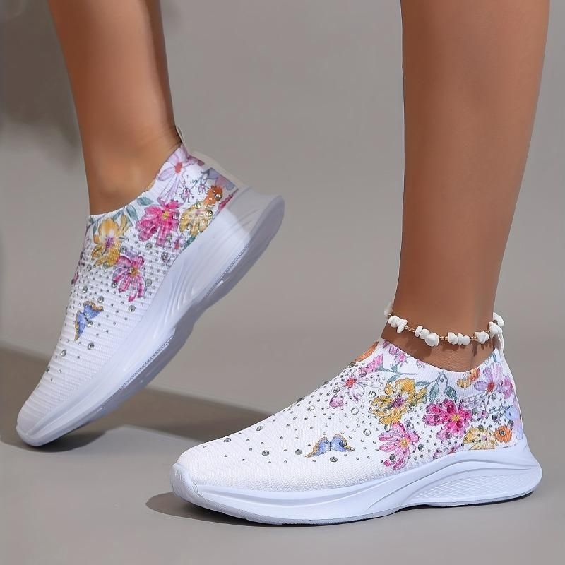 Sneakers slip-on da donna CMY con decorazioni in strass e stampa floreale e a farfalla - Scarpe da corsa traspiranti in maglia_voghion.com