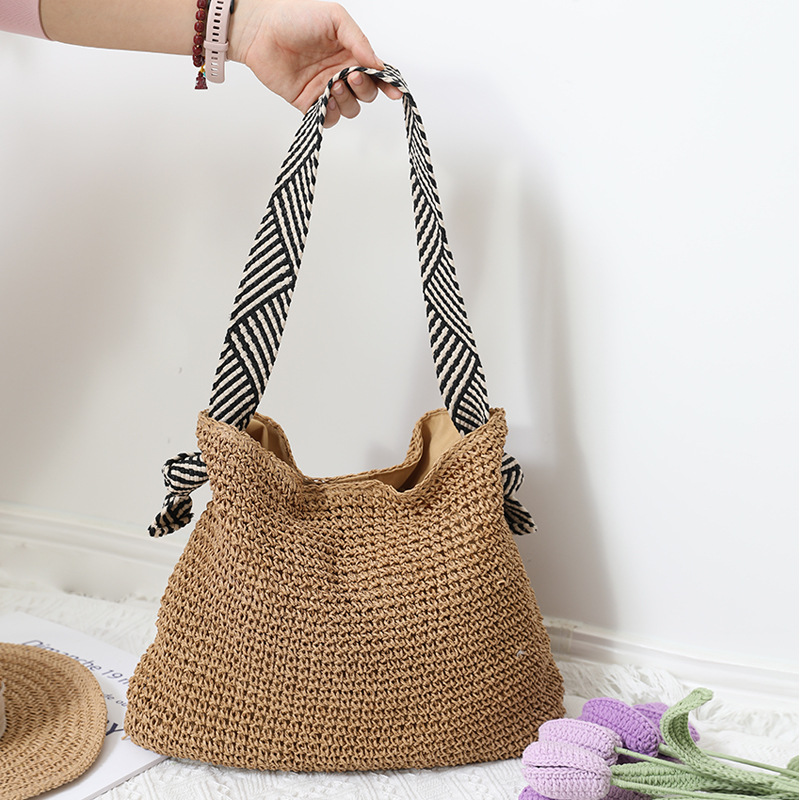 Borsa da spiaggia versatile per le vacanze da donna, realizzata a mano in stile navy coreano INS, 2024, in paglia, con una sola spalla, intrecciata_voghion.com