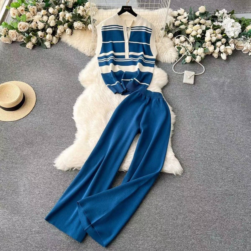 Débardeur à couleurs assorties pour femmes, haut polyvalent, taille haute, pantalon à jambes larges, costume deux pièces tendance_voghion.com