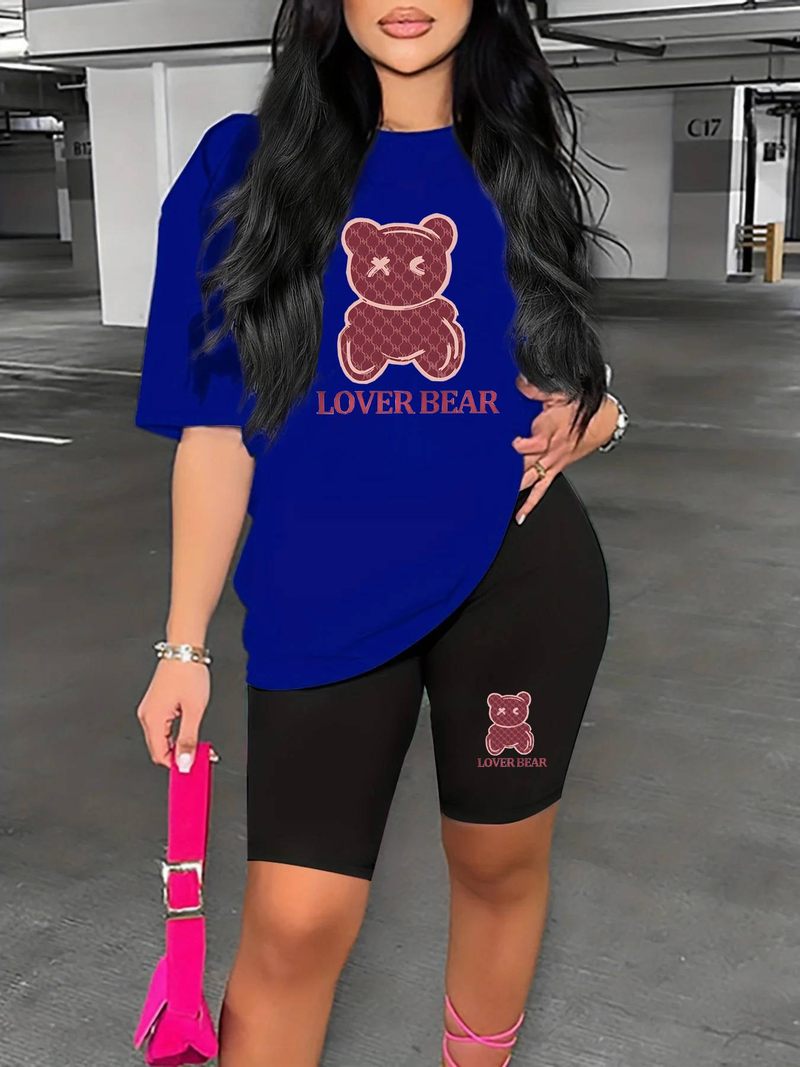Women’s 2 Piece Outfit Set – Oversized Graphic T-Shirt And Biker Shorts Matching Set, Casual Summer Lounge Tracksuit For Daily Wear_voghion.com