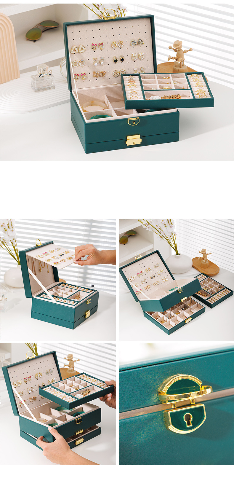 Luxury 4-Layer Leather Jewelry Organizer Box For Earrings, Rings & Necklaces - Large Capacity Stylish Storage Case With Soft Lining, Compact Design_voghion.com