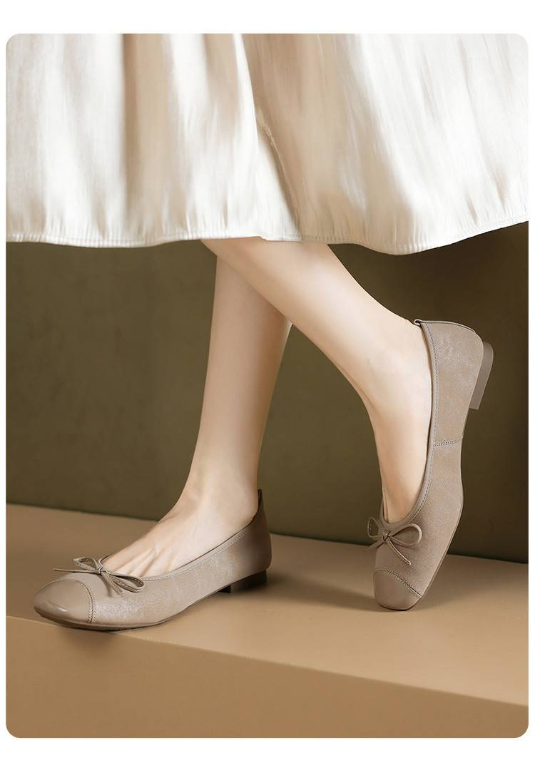 Cameido Women's Casual Shoes - Beige Leather Square Toe 1CM Height 0.5" Sole With Non-Slip Drip Coating_voghion.com