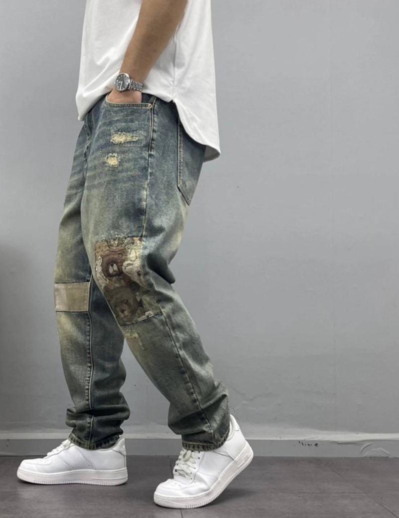 Vintage Washed Distressed Jeans für Herren – Relaxed Tapered Fit mit Patchwork und offenem Saum (Blau, 28-36)_voghion.com