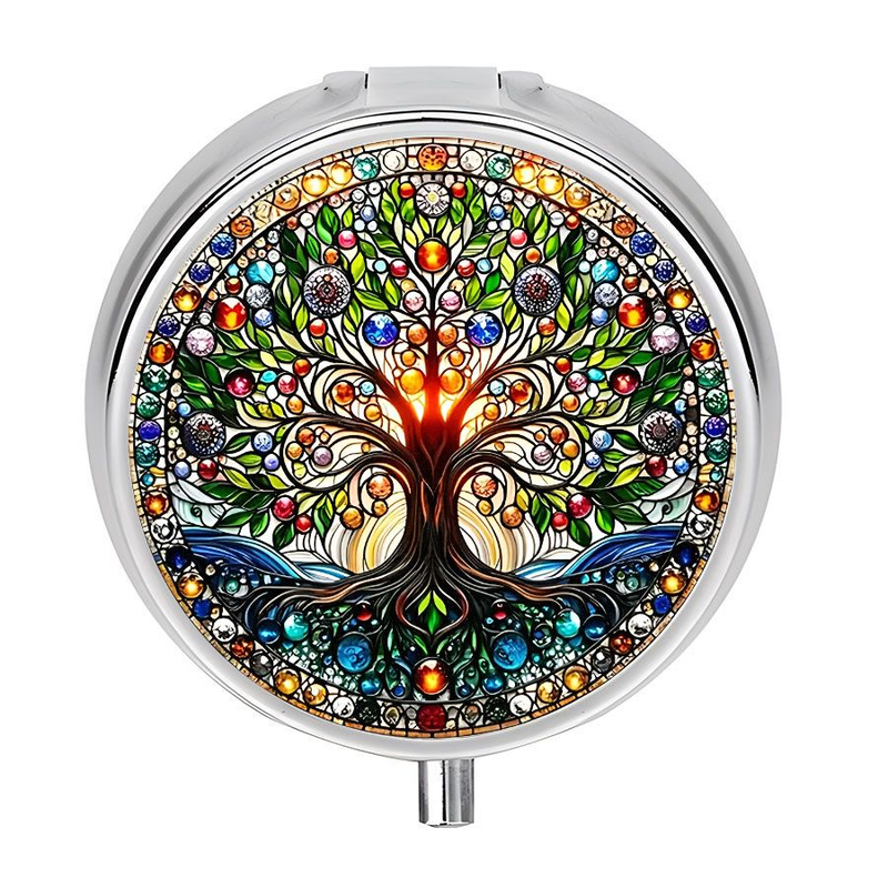 1pc "Money Tree" Mini Round Pill Box With 3 Compartments, Portable Metal Storage Organizer For Travel, Pockets & Purses - Unique Party Gift_voghion.com