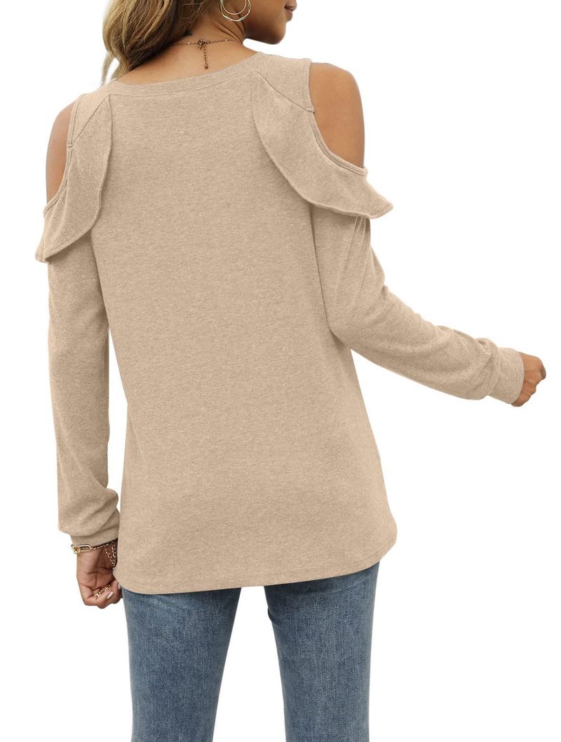 Top oversize da donna in maglia con spalle scoperte e orlo arricciato - Maglione casual in morbido misto cotone per autunno inverno_voghion.com