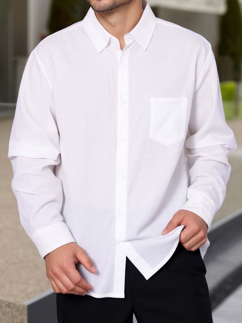 Frühling und Herbst Neue Herren Einfarbig Revers Tasche Knopf Mode All Match Lose Langarmhemd_voghion.com
