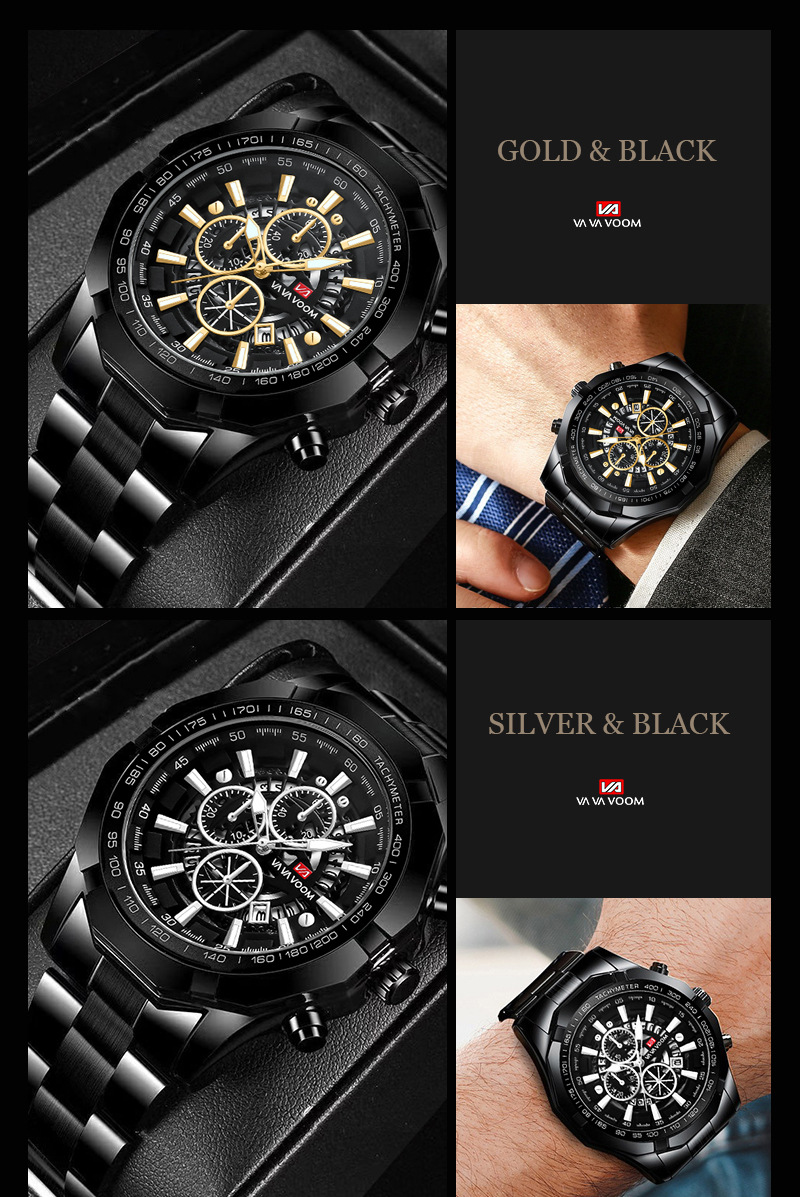 Relógio masculino com pulseira de aço, três olhos, seis pinos, calendário luminoso, esportivo, à prova d'água, relógio de quartzo_voghion.com