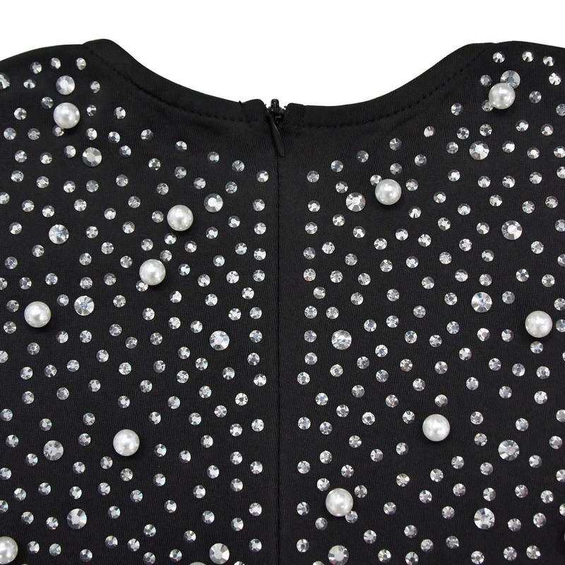 Abbigliamento donna moda abito gonna corta a maniche lunghe con strass in rete tinta unita da donna_voghion.com
