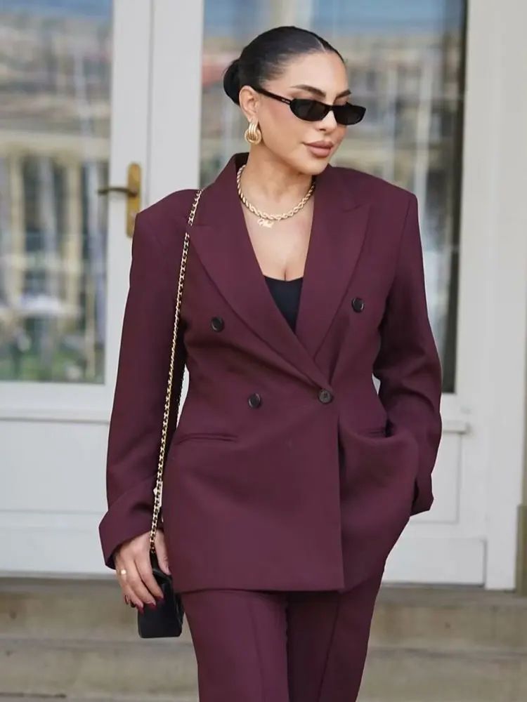 Women's Clothing Autumn Ankola Red Double Breasted Jacket Pants Suit_voghion.com