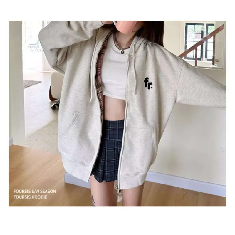 Dongdaemun White And Gray Color-Block Zipper Hoodie Korean Style Loose Casual Versatile Design Hooded Cardigan_voghion.com