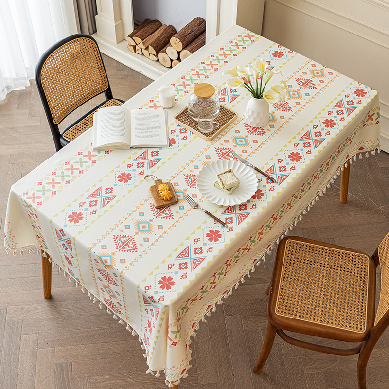 Bohemian tablecloth, cotton and linen, washable fabric, ethnic style, rectangular tassel dining, homestay tablecloth, waterproof and oil resistant_voghion.com