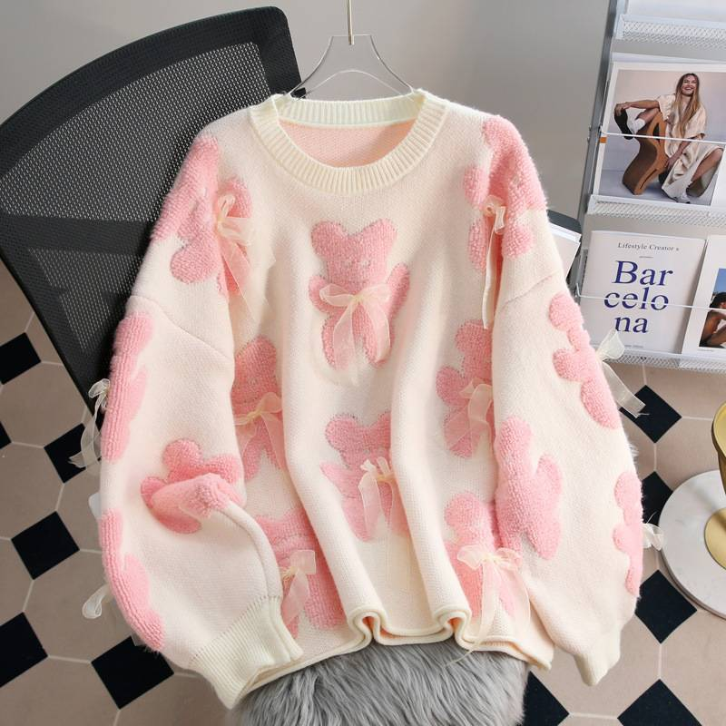 Women's Clothing lazy style sweater women's autumn and winter new bear bow pullover sweater loose sweet style top_voghion.com