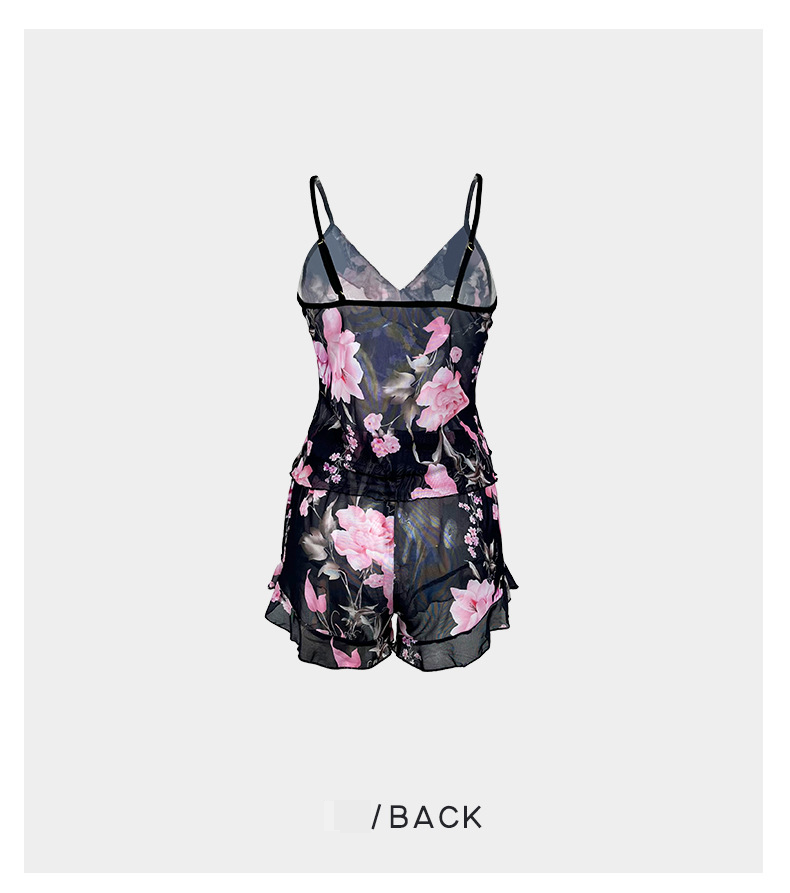 Abbigliamento da donna Feiyun Mesh Printing Sexy Bretelle Shorts Due pezzi Set Ruffled Ladies Pajamas Home Clothes_voghion.com