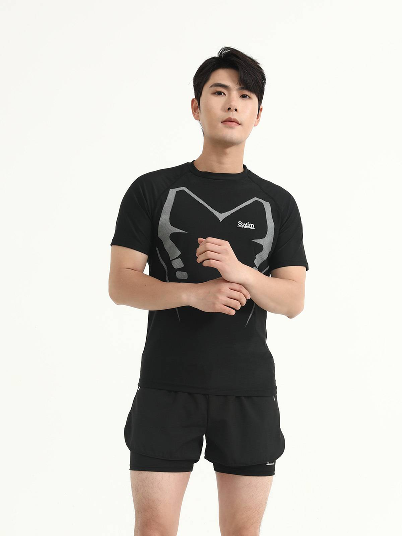 Traje de baño de dos piezas para hombre, de manga corta, con protección solar, de secado rápido y para entrenamiento de natación de talla grande para adultos._voghion.com