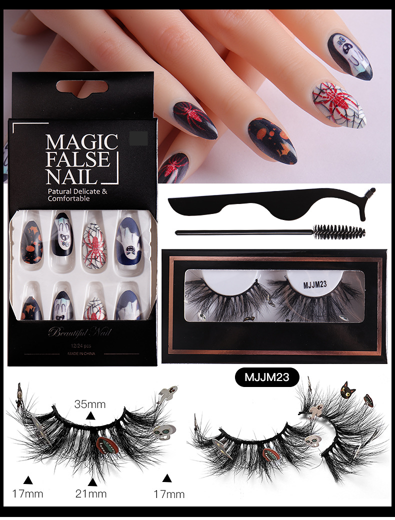 European And American Halloween Mink Faux Lashes & Nail Tips Combo Set With Application Tools_voghion.com