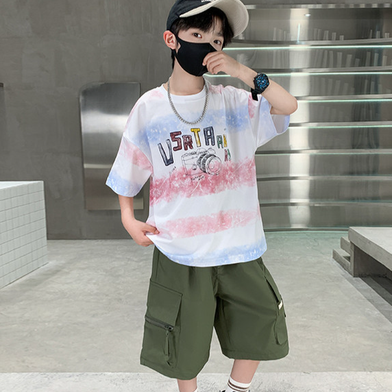 Boys' Summer Outfit 2-Piece Set - Short Sleeve Tee & Mid-Length Cotton Shorts With Letter Print | 85% Breathable Fabric | B-Class Safety Certified_voghion.com