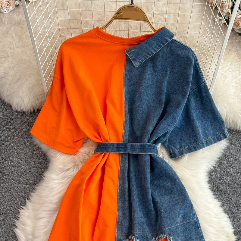Waist Waisted Round Neck Color Block Denim Shirt Chic Casual Mid-length_voghion.com