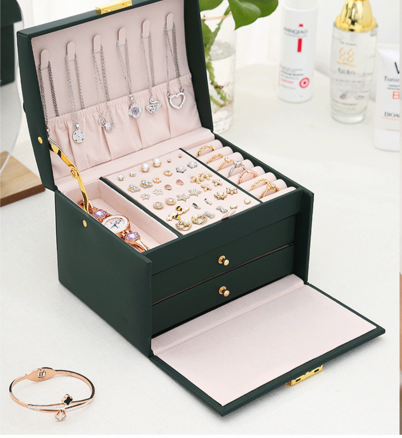 Lussuoso portagioielli in pelle PU a 3 ripiani con serratura: elegante contenitore per orecchini, anelli, collane e altro ancora._voghion.com