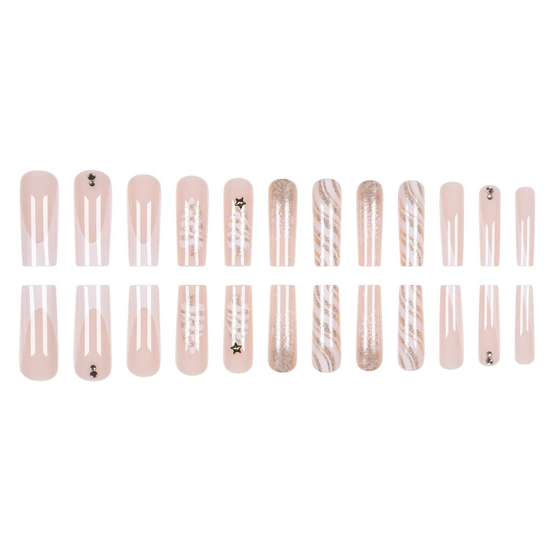 Unghie finte lunghe a pressione, albero di Natale invernale, stelle dorate, fiocchi di neve bianchi, unghie finte con colla/gel, stile Ins, unghie finte alla moda per le donne_voghion.com