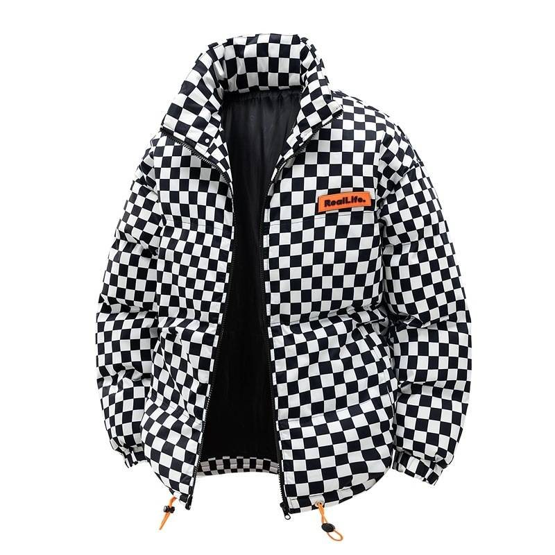 Unisex Winter Padded Coat With Stand Collar - Loose Fit Plaid Jacket For Men & Women (Green/Black)_voghion.com