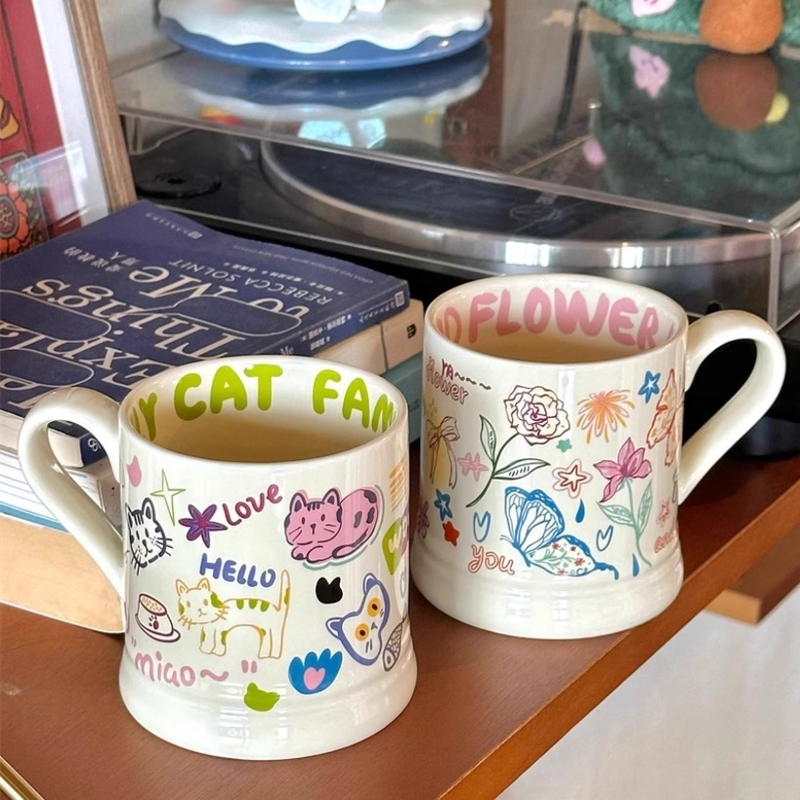 Tazza da caffè in ceramica color crema con motivo a farfalla e graffiti per bambini, tazza da caffè per ufficio, tazza da colazione per coppie_voghion.com