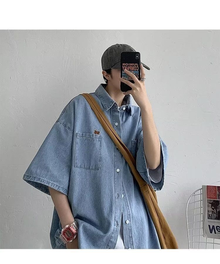 Letnia krótka koszula dżinsowa dla mężczyzn, stylowa, modny niszowy design, luźna, swobodna kurtka z krótkim rękawem_voghion.com