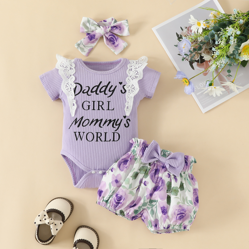 Babies' clothes Summer baby girl lace short-sleeved triangle romper top shorts girls lace letters short-sleeved flower bow tide_voghion.com