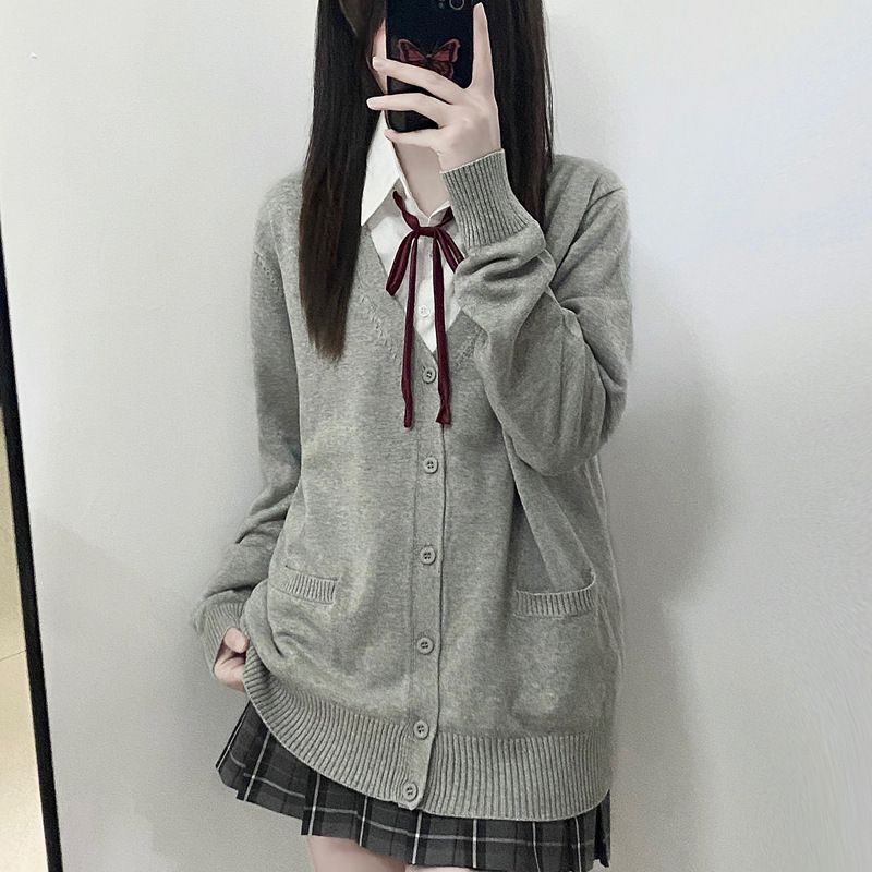 Japanese Style JK Cardigan Sweater For Women - Vintage School Uniform Inspired Long Sleeve Knit Top, Loose Fit V-Neck Open Front Coat_voghion.com