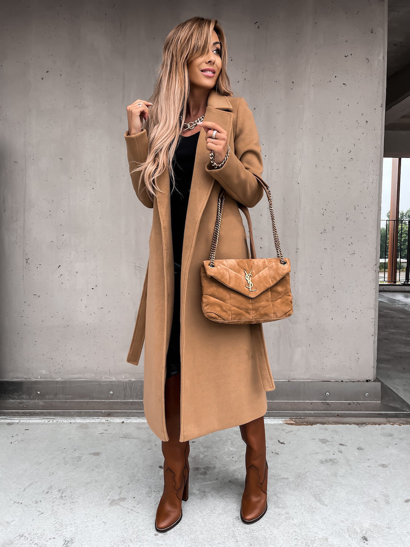 Damen-Trenchcoat aus Wolle mit einfarbigem Revers und langen Ärmeln und schlichter Schnürung_voghion.com