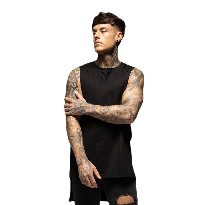 Canotta da allenamento estiva da uomo elastica con orlo lungo e fondo muscoloso in cotone, modello largo e alla moda_voghion.com