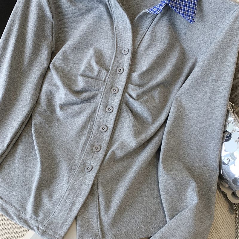 Maglietta a maniche lunghe con colletto polo da donna, nuova primavera, versatile, a quadri con pieghe e colori a contrasto_voghion.com