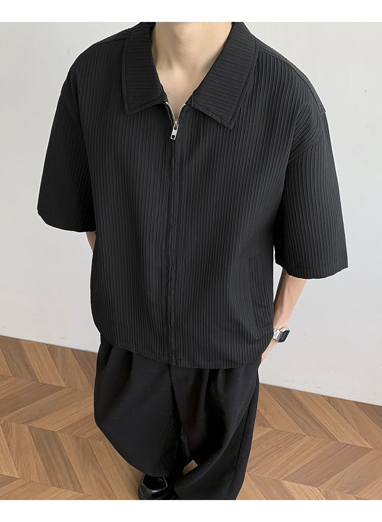 Herenkleding Overhemd met korte mouwen Knappe zomer High-end trendy los overhemd met korte mouwen en rits_voghion.com